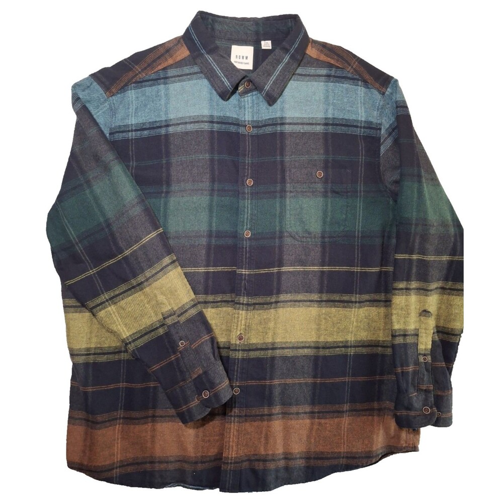 Rowm 2XL Flannel Shirt Colorblock Plaid Horizontal Stripe Earthy  Cabin Gorpcore